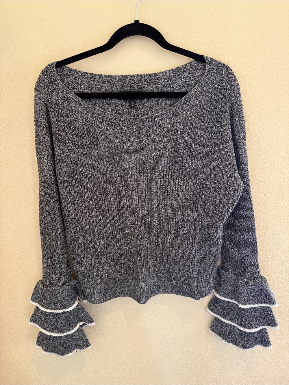 Express Gray Ruffle Cuff Scoop Neck Sweater